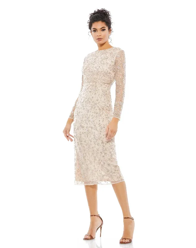 Beaded Tea Length Dress w/ Sheer Sleeves