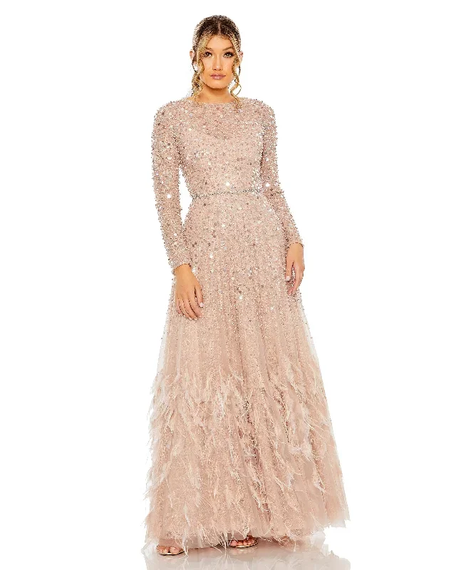 Disc Embellished Sequin Gown with Feather Detail