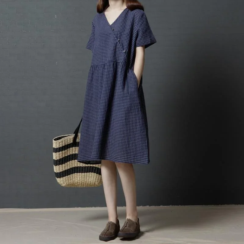 2024 navy v neck linen sundress oversize cotton casual dresses short sleeve maternity dress