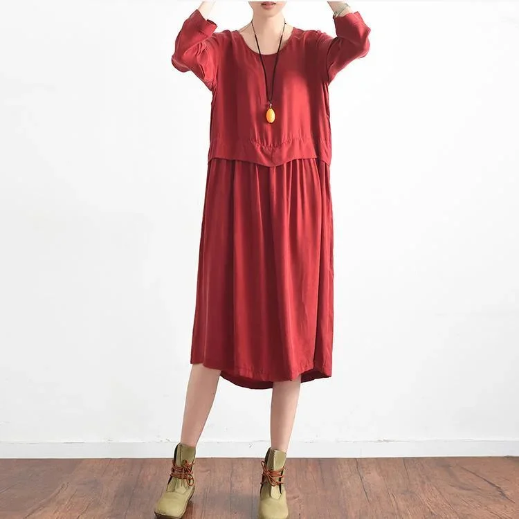 2024 red casual silk sundress oversize large hem summer dress long sleeve maxi dress