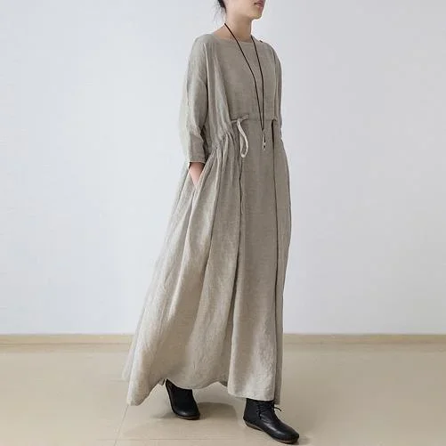 2024 autumn plus size linen dresses asymmetric bracelet sleeved drawstring maxi dress ( Limited Stock)