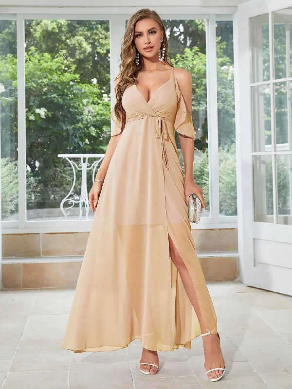 TastyHottie - V-neck A-Line Slit Bridesmaid Dress