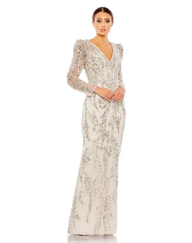 Embellished Puff Sleeve V Neck Gown