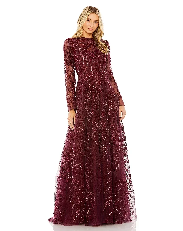 High Neck Long Sleeve Embellished A Line Gown