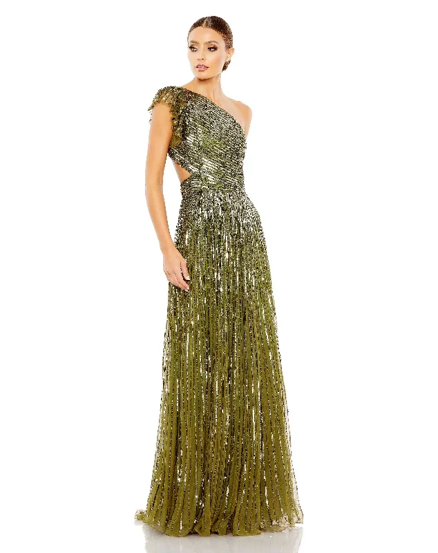 Sequined One Shoulder Flutter Sleeve A Line Gown