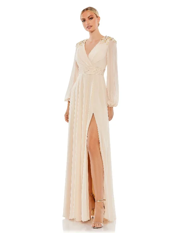 Embellished Shoulder Blouson Sleeve Evening Gown