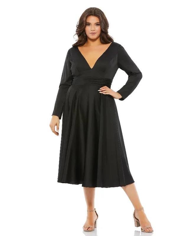 Satin Long Sleeve Sweetheart Flowy Midi Dress (Plus)