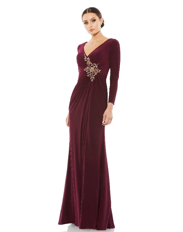 Petite Faux Wrap Long Sleeve Gown w/ Applique Detail