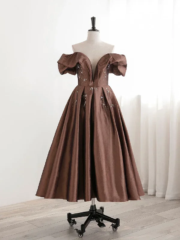 A-Line Tea length Brown Prom dresses, Off Shoulder Brown Formal Dress with Beading