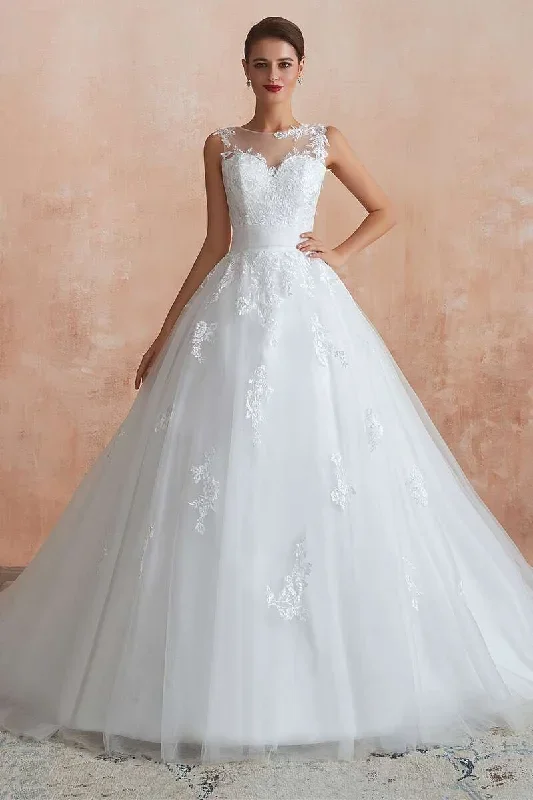 Ball Gown Appliqués Wedding Dress with Sheer Back