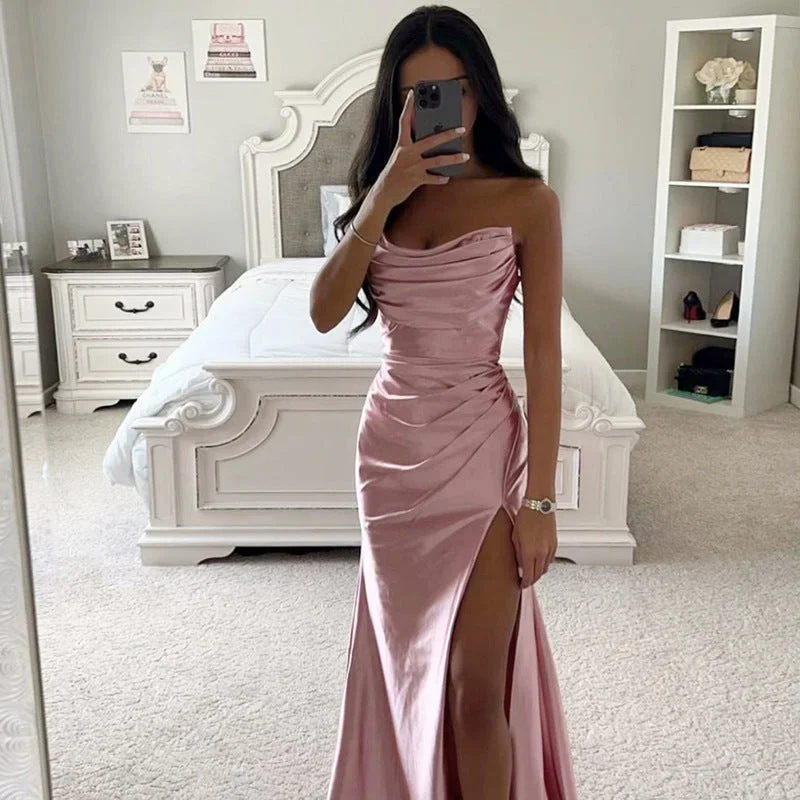 Barbie Pink YJ22475 strapless pleated slit satin dress