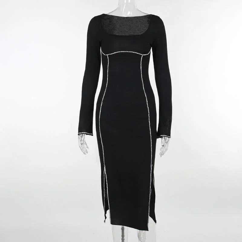 beaded-square-neck-slit-long-sleeve-midi-dress