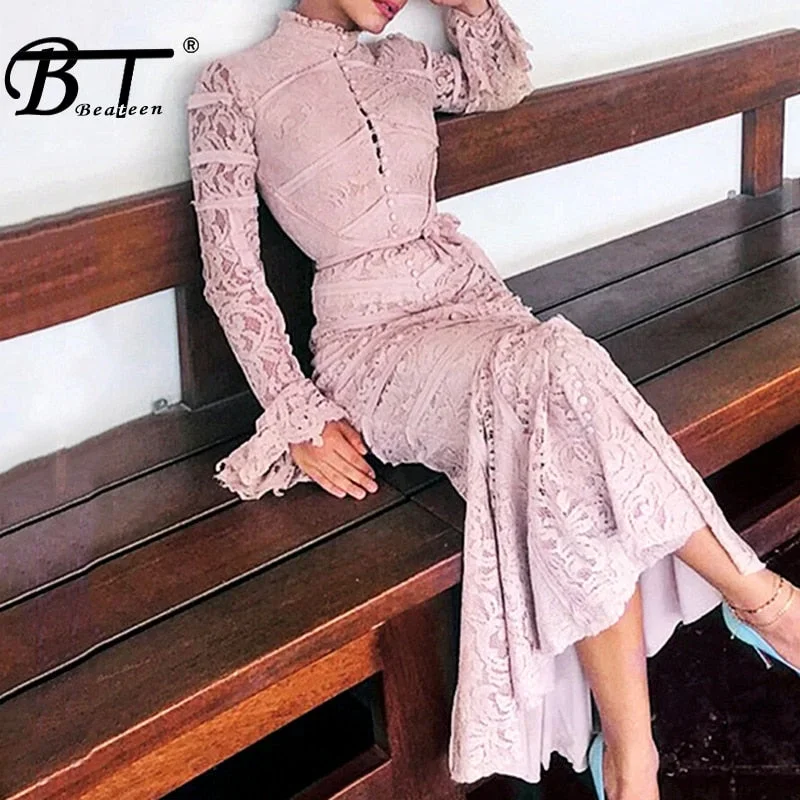 Beateen 2024 New Fashion Sweet Casual Lace Maxi Dresses Pink Flare Long Sleeve Spring Embroidery Floral