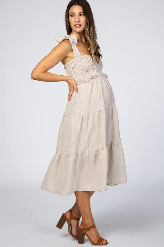 beige-bow-strap-tiered-maternity-midi-dress