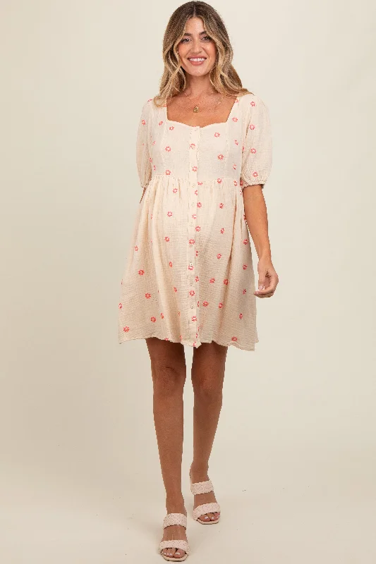 beige-floral-embroidered-button-front-short-sleeve-maternity-dress