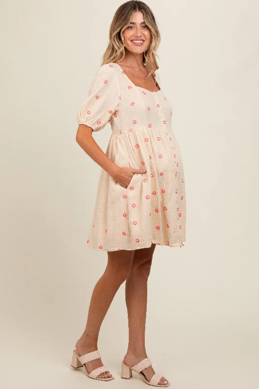 beige-floral-embroidered-button-front-short-sleeve-maternity-dress