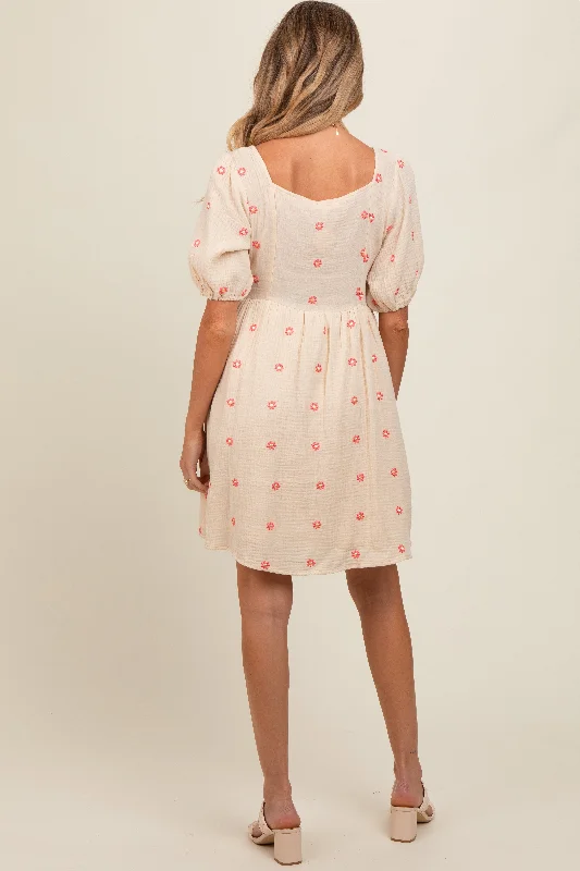 beige-floral-embroidered-button-front-short-sleeve-maternity-dress