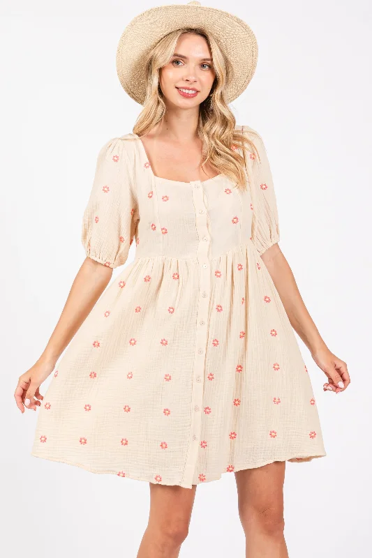 beige-floral-embroidered-button-front-short-sleeve-maternity-dress