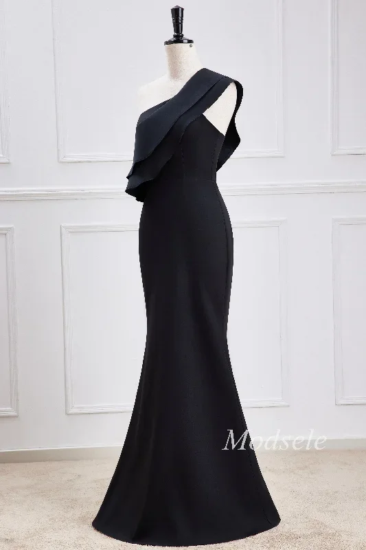 black-chiffon-one-shoulder-mermaid-maxi-dress