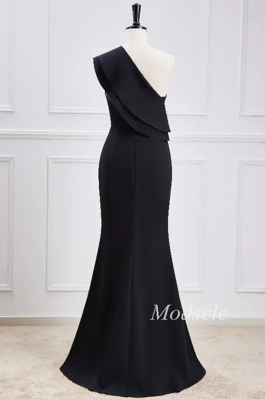 black-chiffon-one-shoulder-mermaid-maxi-dress