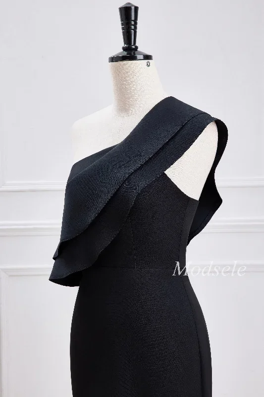 black-chiffon-one-shoulder-mermaid-maxi-dress