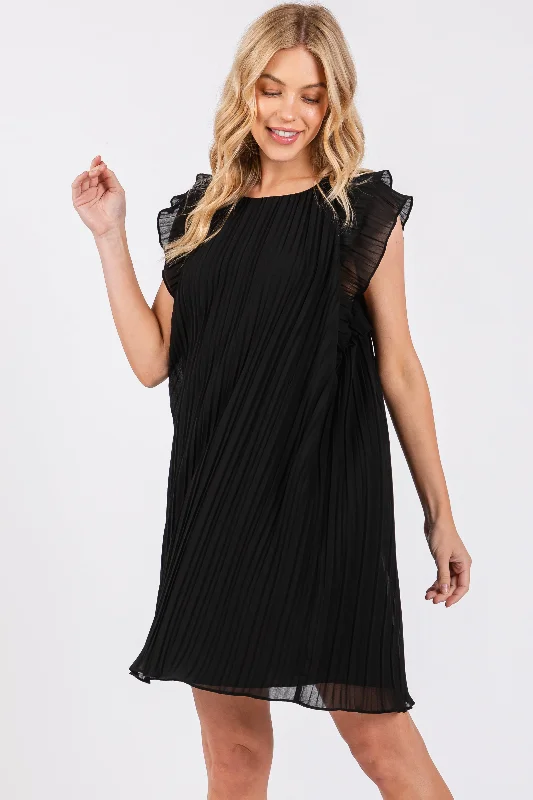 black-flutter-sleeve-pleated-chiffon-maternity-mini-dress