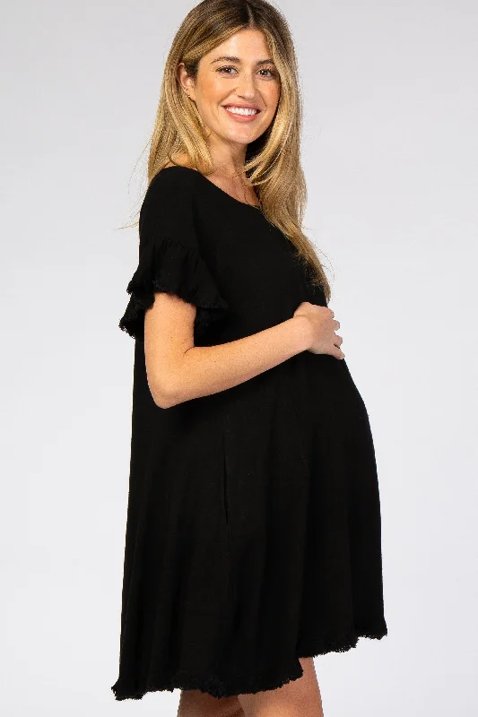 black-fringe-linen-maternity-dress