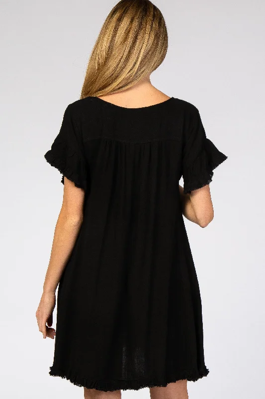 black-fringe-linen-maternity-dress