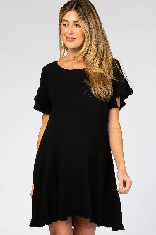 black-fringe-linen-maternity-dress