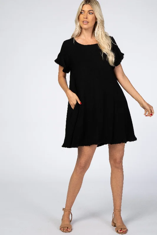 black-fringe-linen-maternity-dress