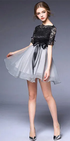 Black Lace Dress with grey shirred skirt