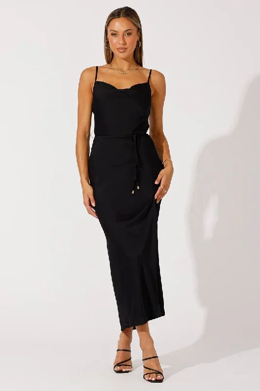 Black Maxi Dress Cowl Neck Satin