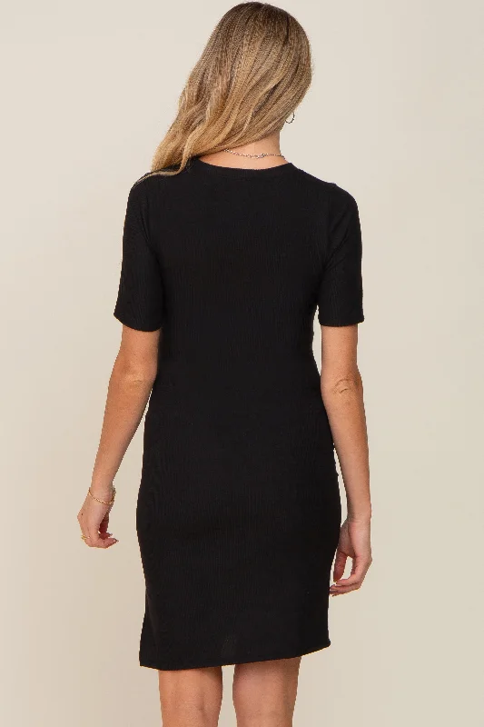 black-ribbed-basic-short-sleeve-maternity-dress