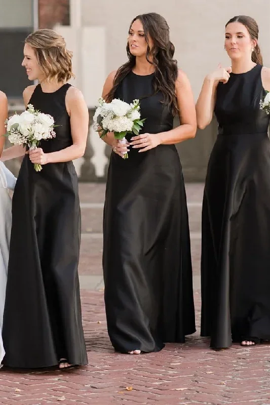 Black Round Neck Cutout Back A-Line Long Dress