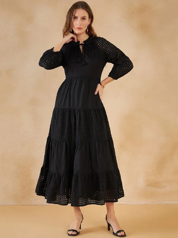 Black Schiffli Tiered Maxi Dress