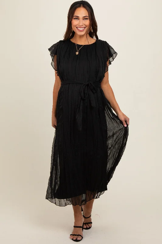 Black Short Sleeve Crinkle Self Tie Maternity Dress