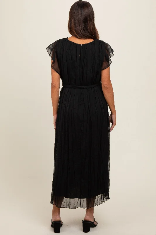 black-short-sleeve-crinkle-self-tie-maternity-dress