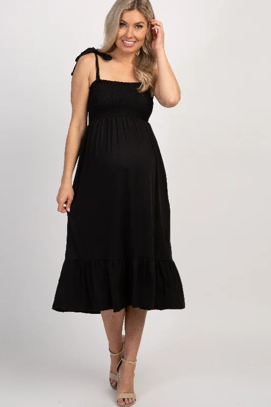 Black Solid Self-Tie Smocked Maternity Midi Dress