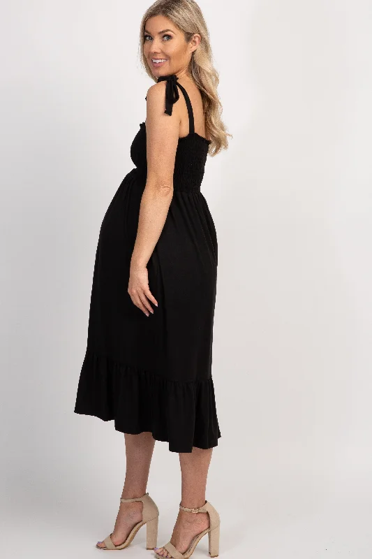 black-solid-self-tie-smocked-maternity-midi-dress