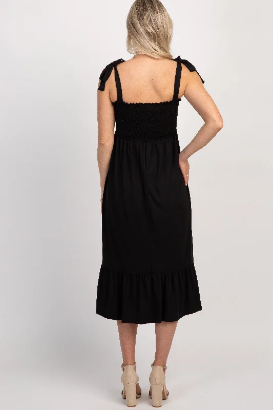 black-solid-self-tie-smocked-maternity-midi-dress