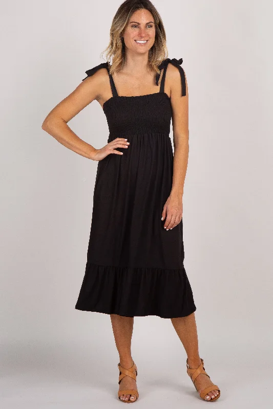 black-solid-self-tie-smocked-maternity-midi-dress