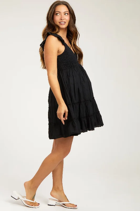 black-textured-polka-dot-eyelet-shoulder-v-neck-maternity-dress