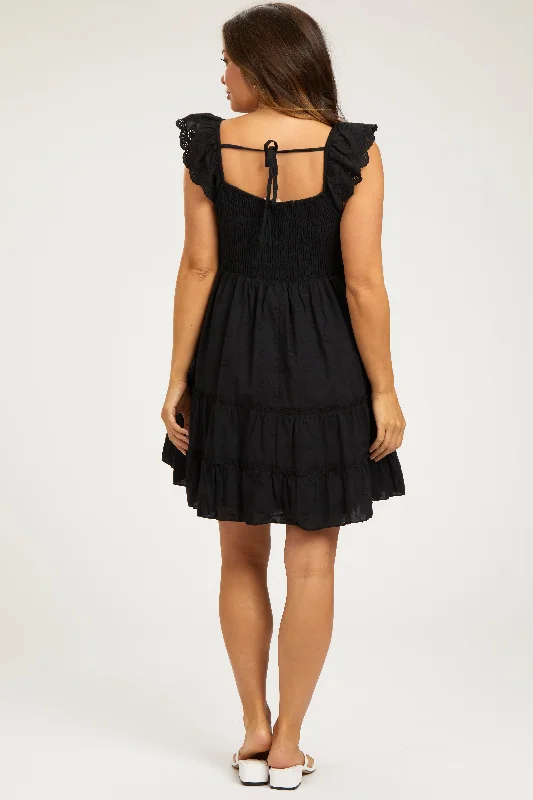 black-textured-polka-dot-eyelet-shoulder-v-neck-maternity-dress