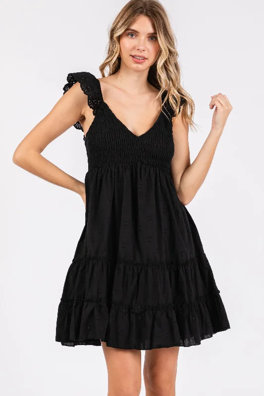 black-textured-polka-dot-eyelet-shoulder-v-neck-maternity-dress