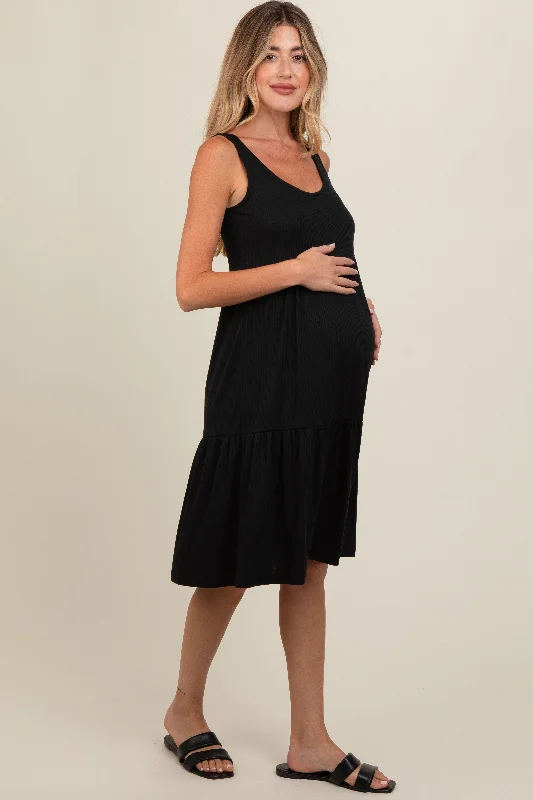 black-tiered-sleeveless-maternity-midi-dress-1