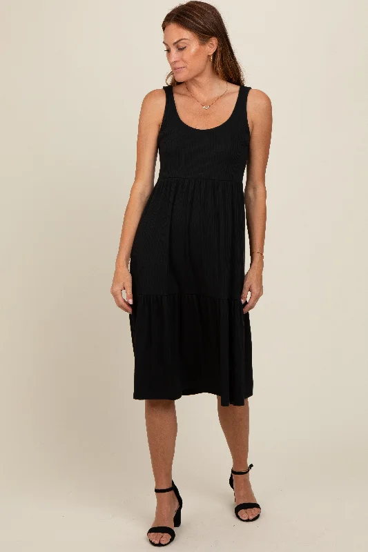 black-tiered-sleeveless-maternity-midi-dress-1