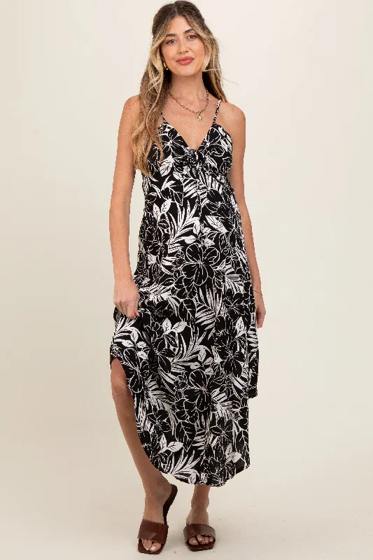 black-tropical-floral-front-tie-maternity-midi-dress