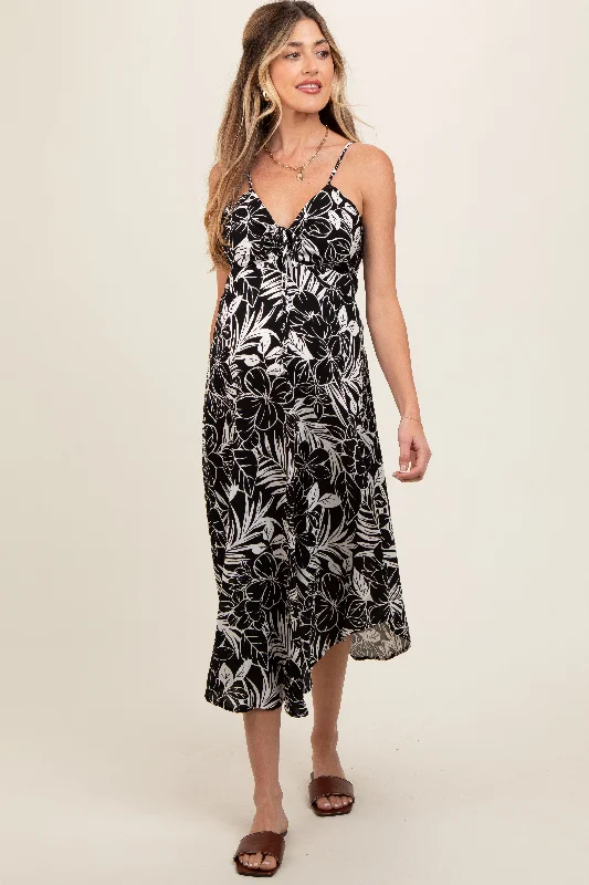 black-tropical-floral-front-tie-maternity-midi-dress