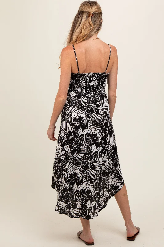 black-tropical-floral-front-tie-maternity-midi-dress