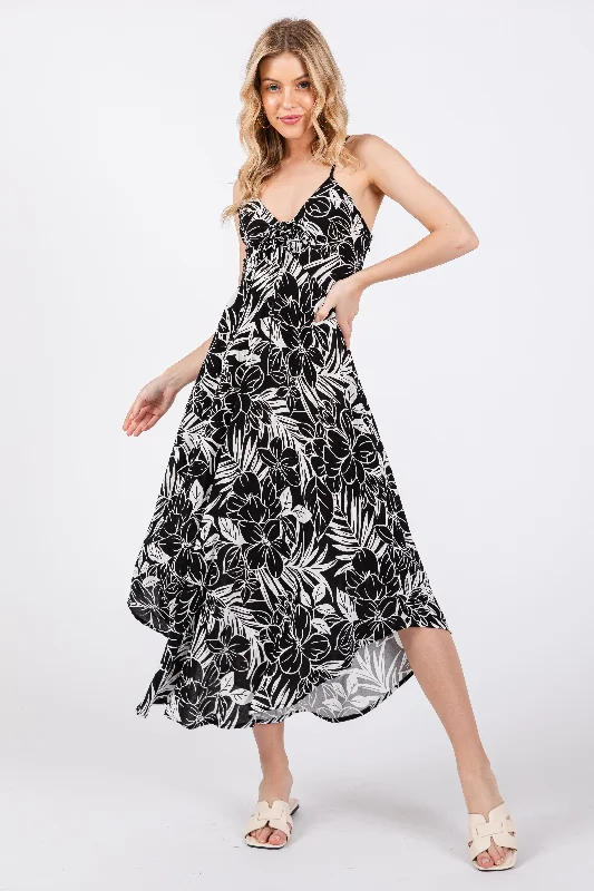 black-tropical-floral-front-tie-maternity-midi-dress